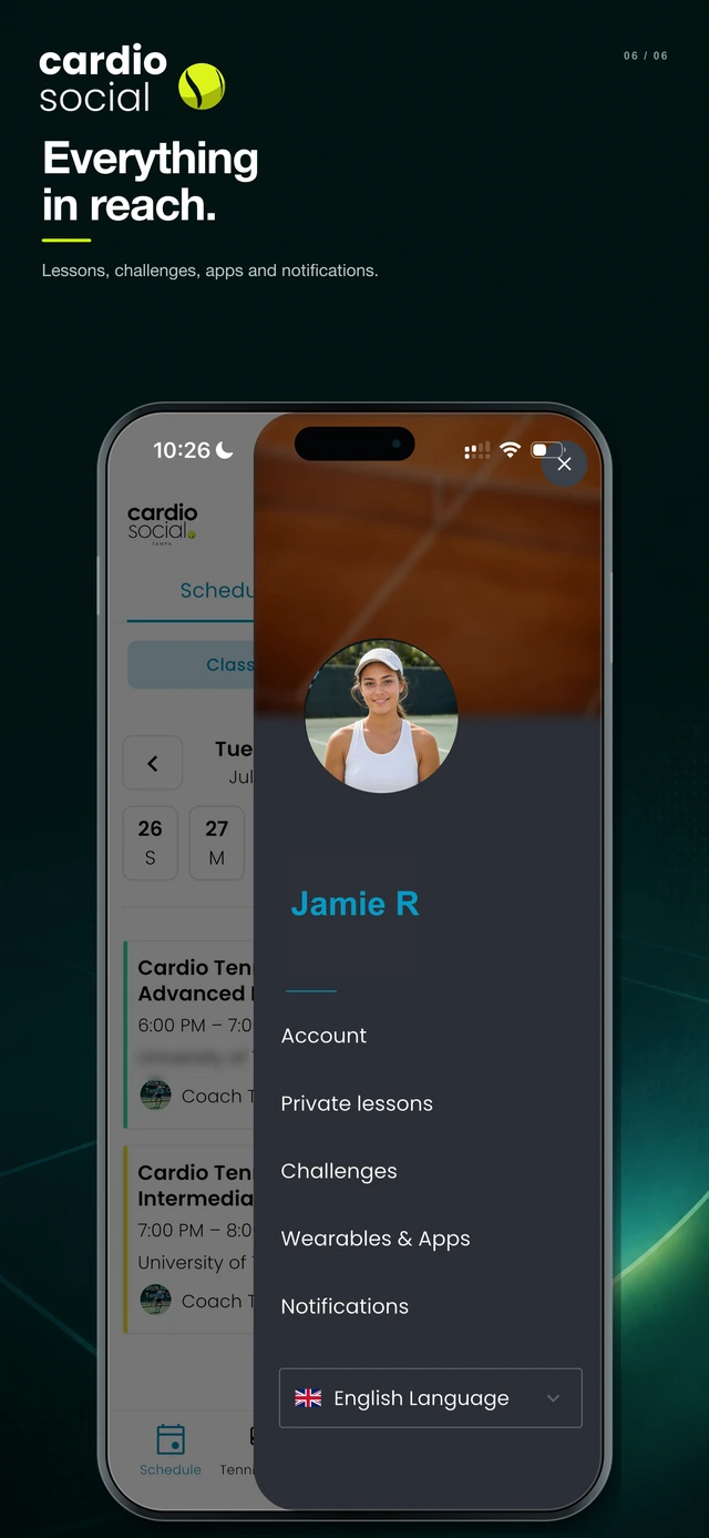 The app profile menu with lessons, challenges, wearables and notifications