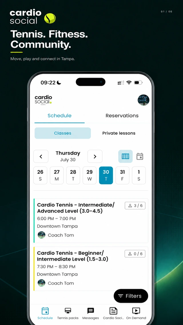 The app schedule showing cardio tennis sessions with level bands and spots remaining