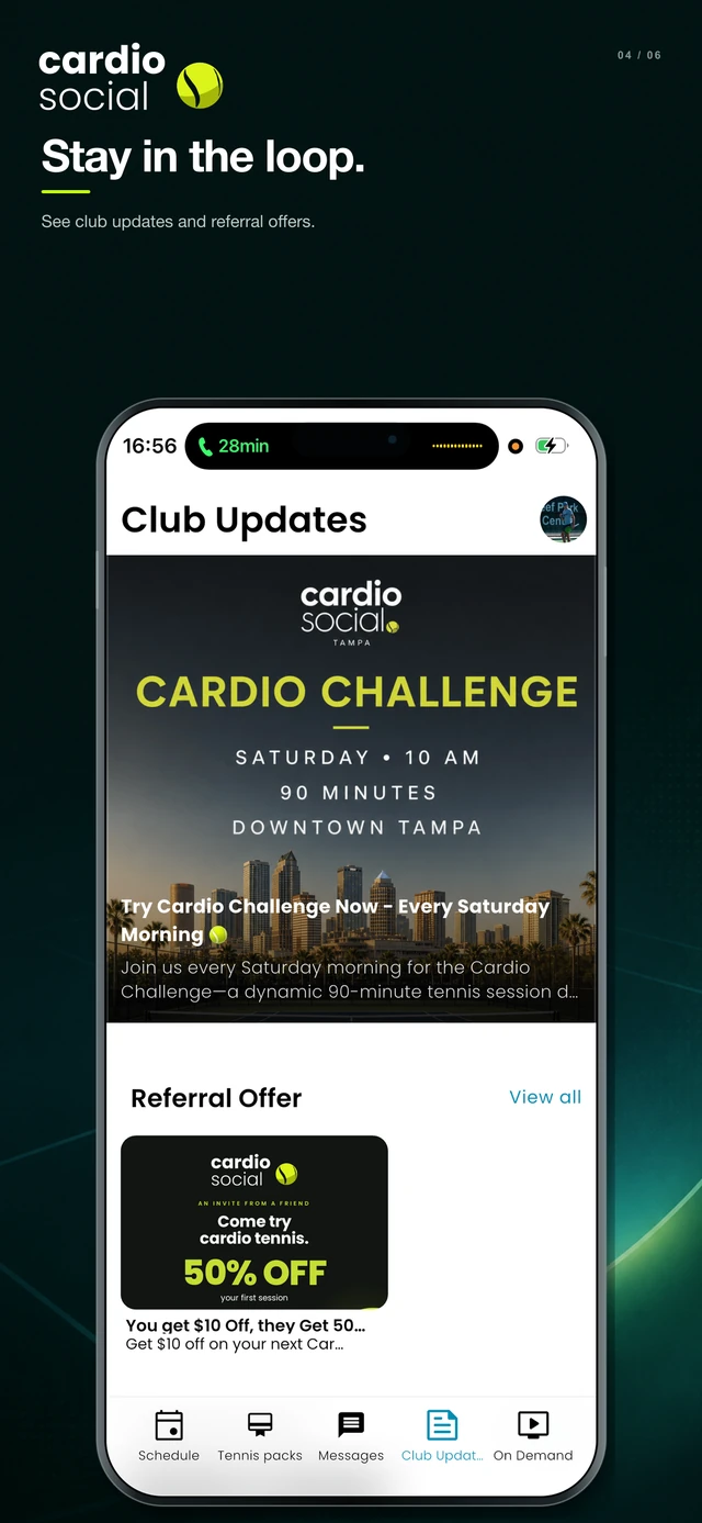 Club updates in the app showing an event announcement and a referral offer