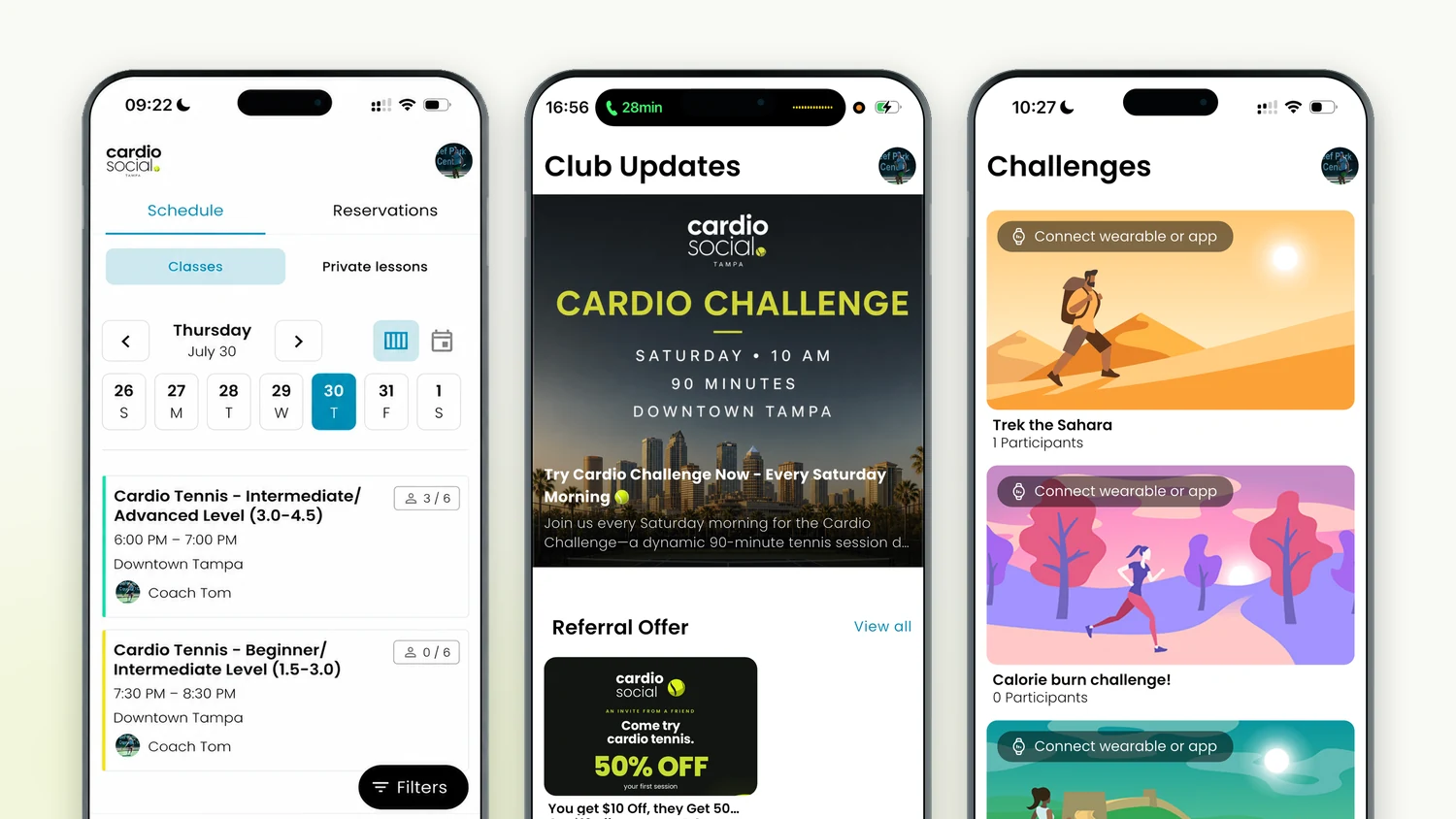 Three screens from the Cardio Social app