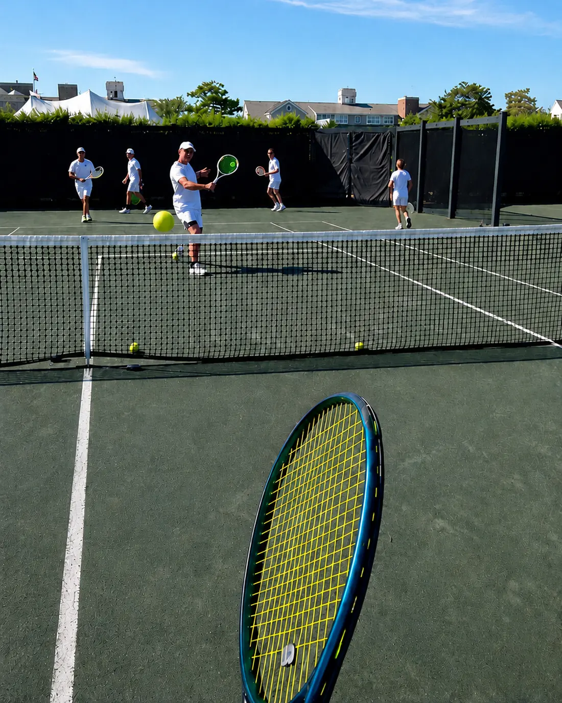 Players mid-point during a cardio tennis doubles game