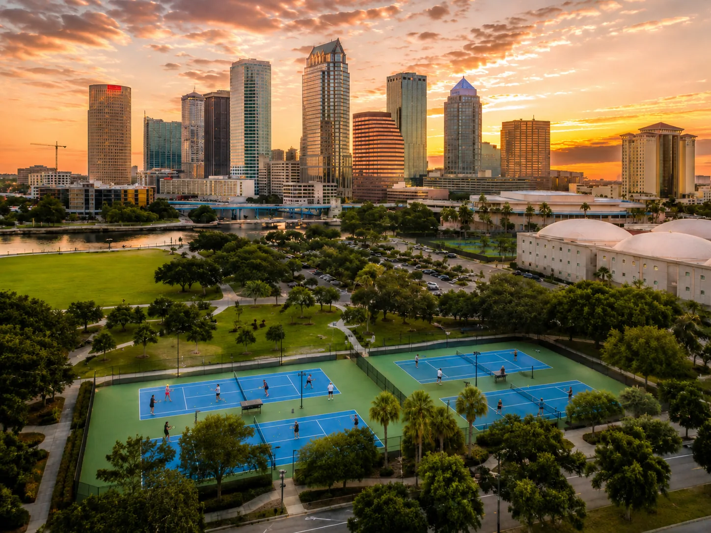 Tennis courts in downtown Tampa at sunset with the city skyline behind