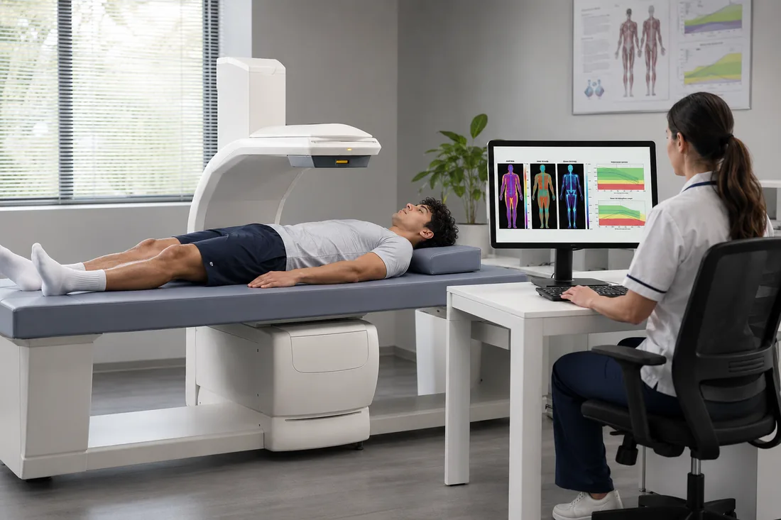 A DXA body-composition scan measuring muscle, fat and bone region by region