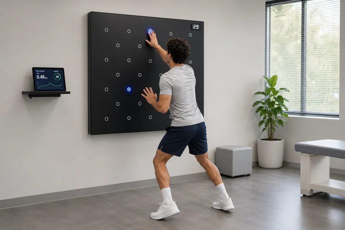 A player training visual reaction speed on a Dynavision reactive light board