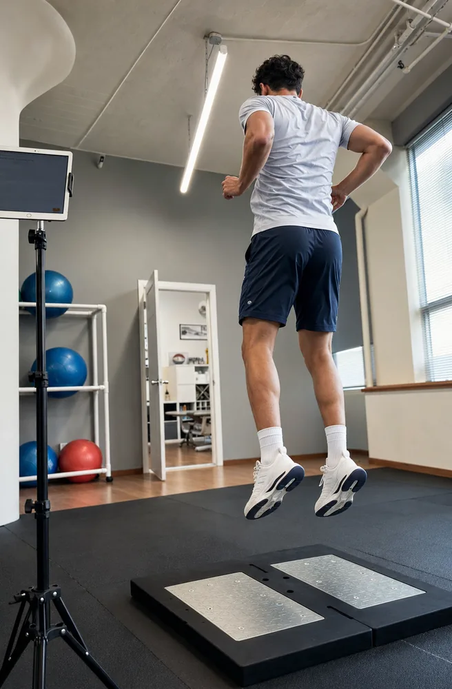 A player jumping on dual force plates to measure ground reaction force