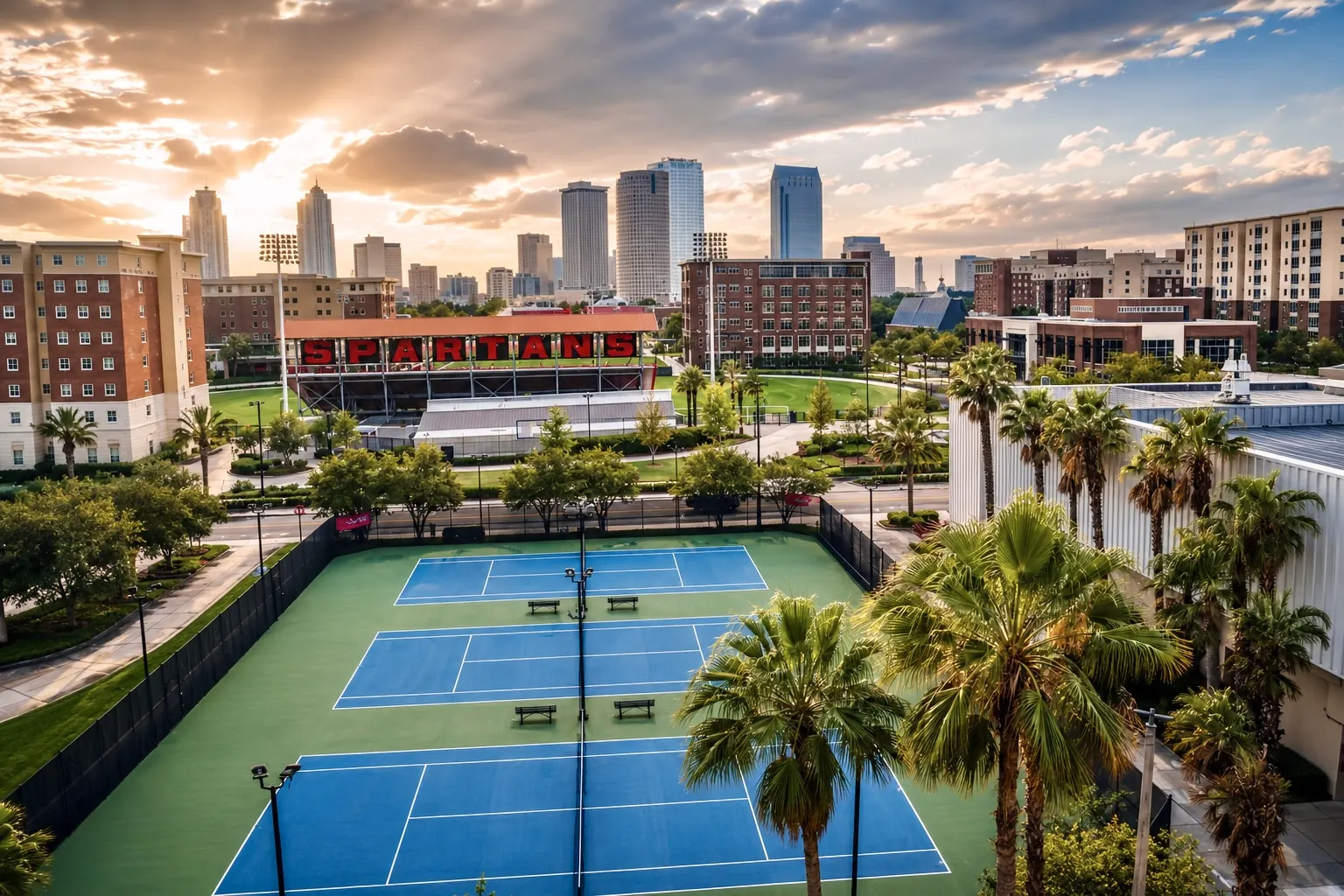 Tennis courts beside the downtown Tampa skyline at sunset