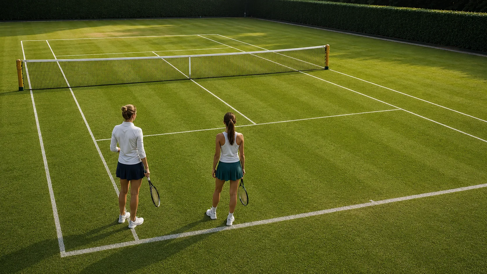 Two players standing on a grass court waiting to receive