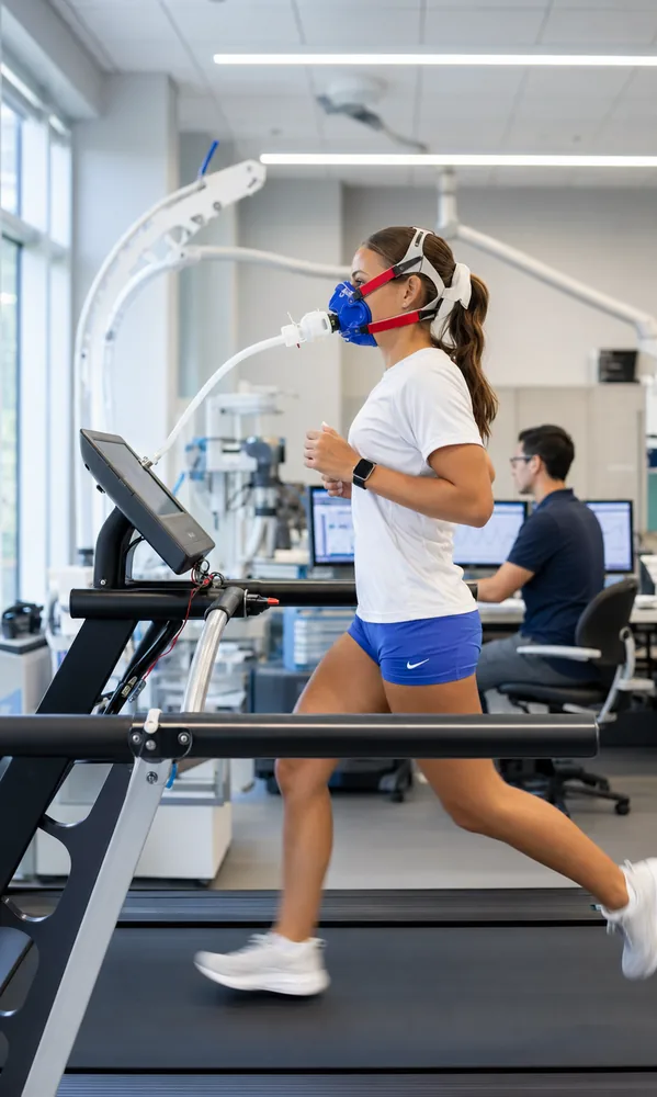 A player running a VO2max treadmill test with a metabolic mask in the lab