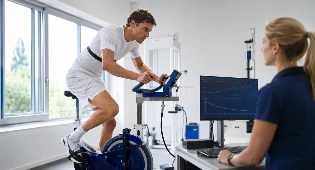 An athlete performing a Wingate anaerobic power test on a cycle ergometer while power output is recorded